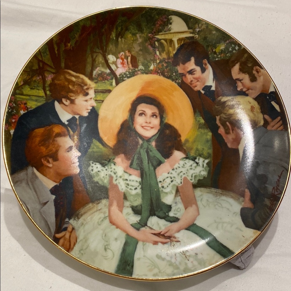 Green and Orange Glass Art Plate with Elegant Scene